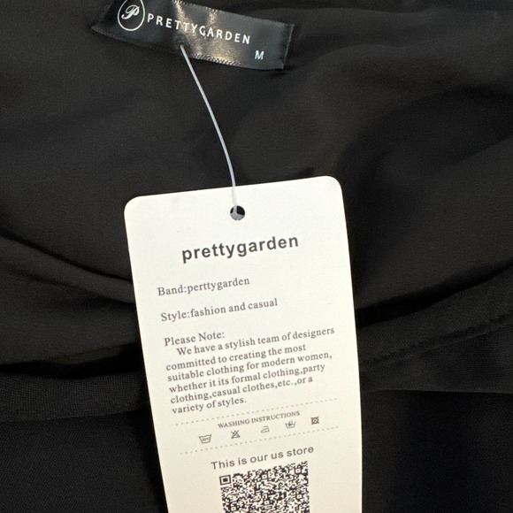 PrettyGarden Black Silky‎ Short Sleeve Lined Dress with Middle Tie Medium NWT - Picture 4 of 8